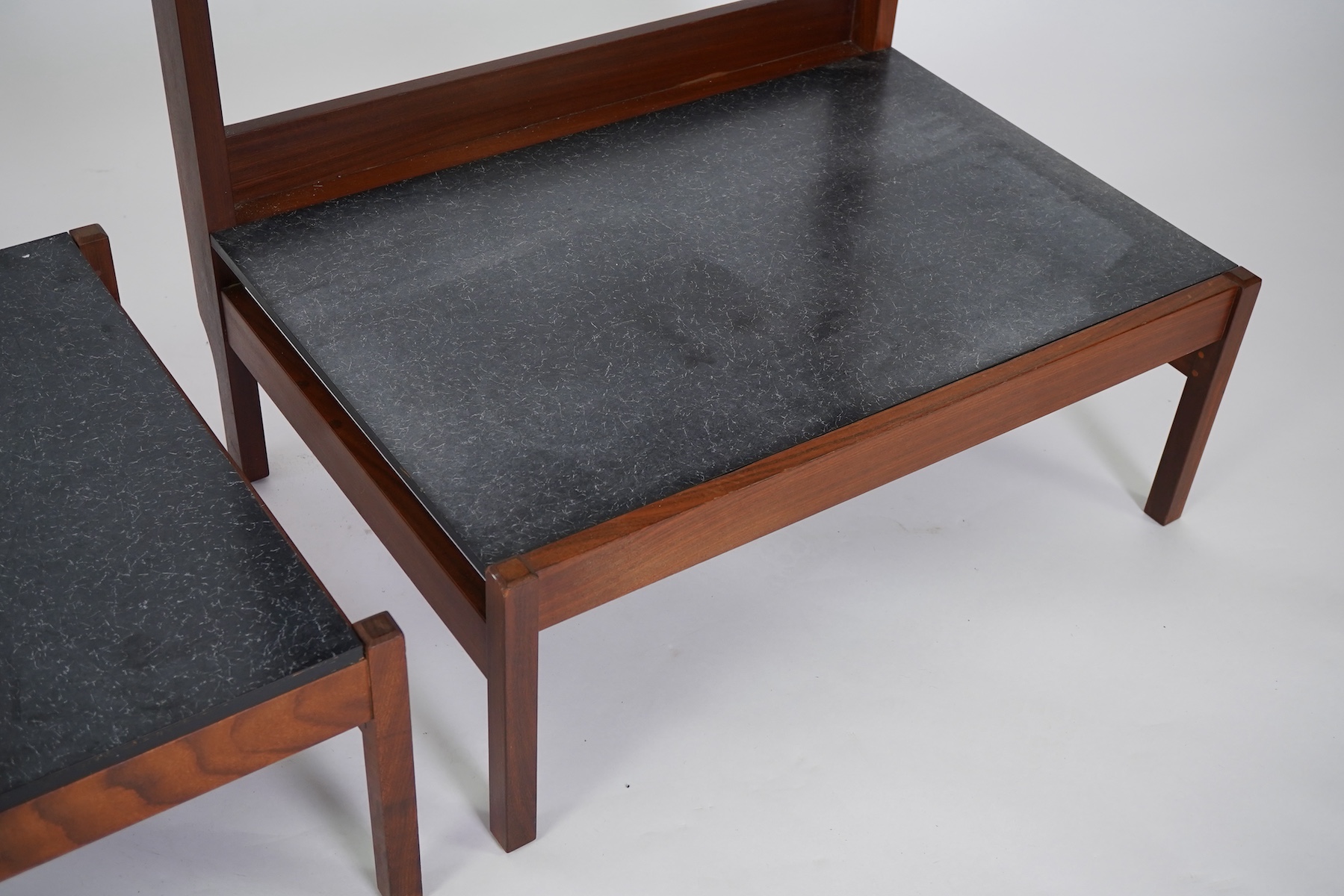 George Fejér (Hungarian, 1912-1996) for Guy Rogers of Liverpool: A 'Beverly Hills' mid-century hall stand shelving unit and matching occasional table